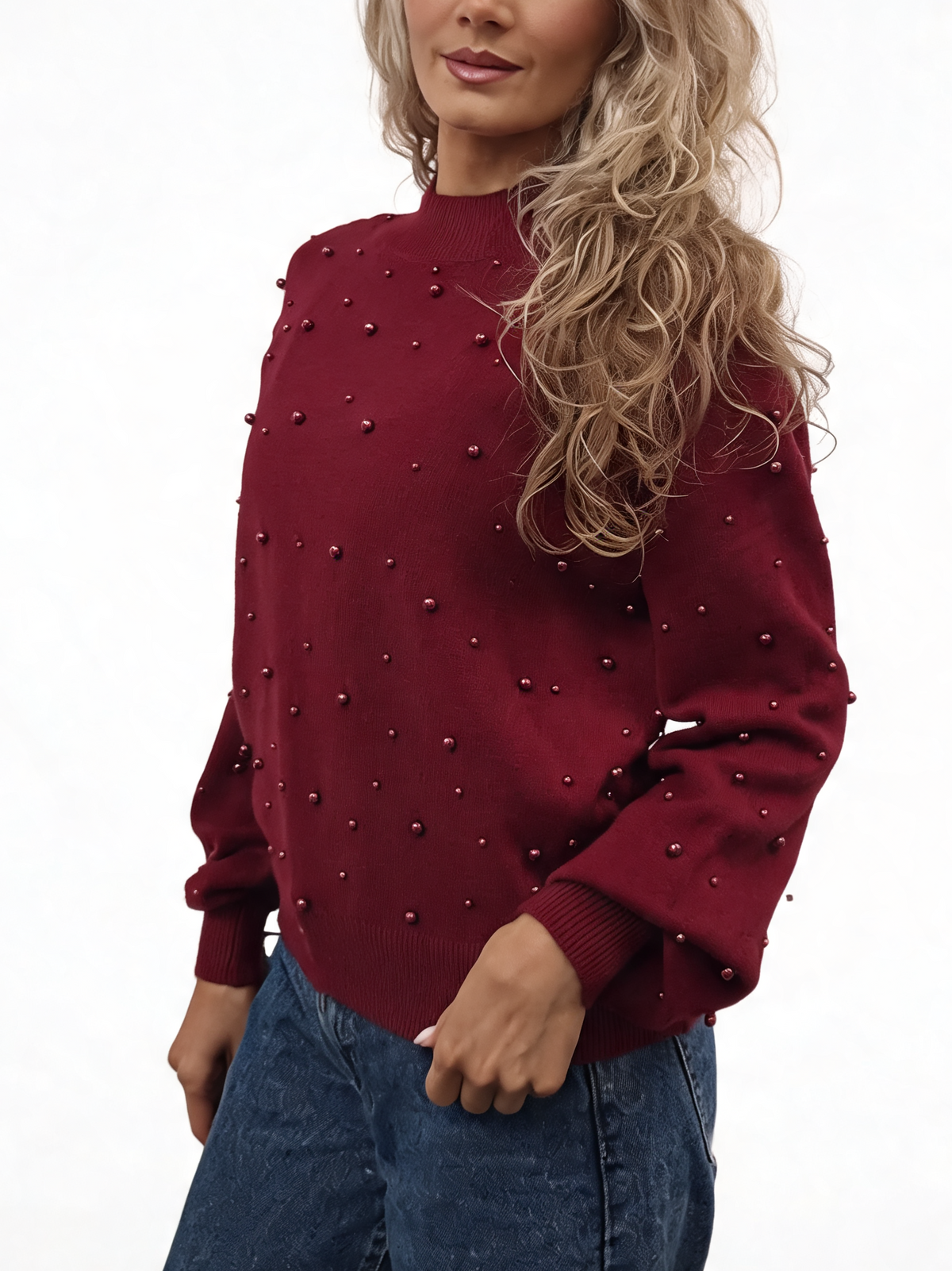 Burgundy pearl-embellished fine-knit jumper with mock neck and balloon sleeves