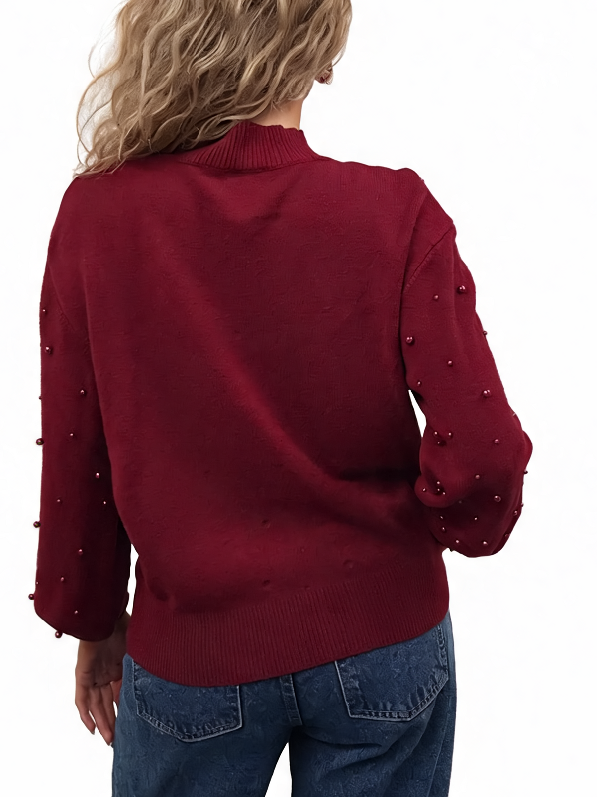 Burgundy pearl-embellished knit jumper from back with balloon sleeves