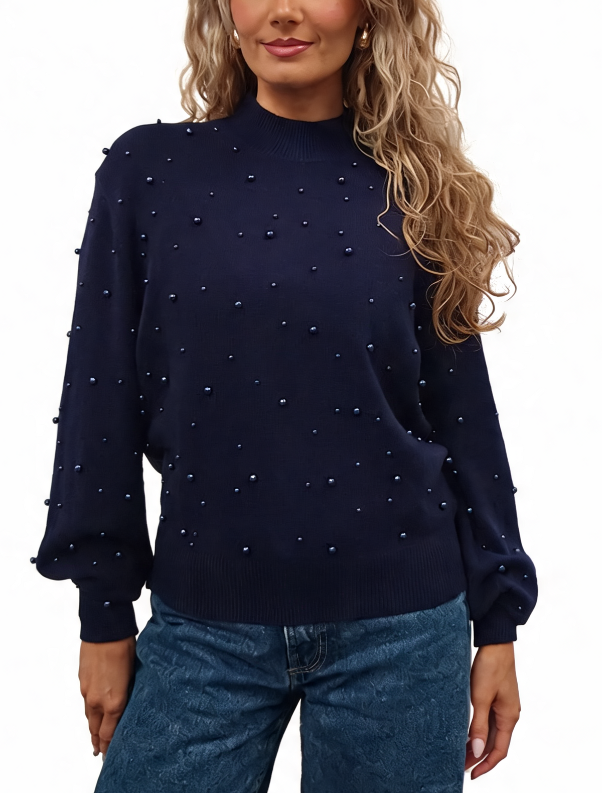 Pearl-embellished fine-knit jumper with mock neck and balloon sleeves, navy blue