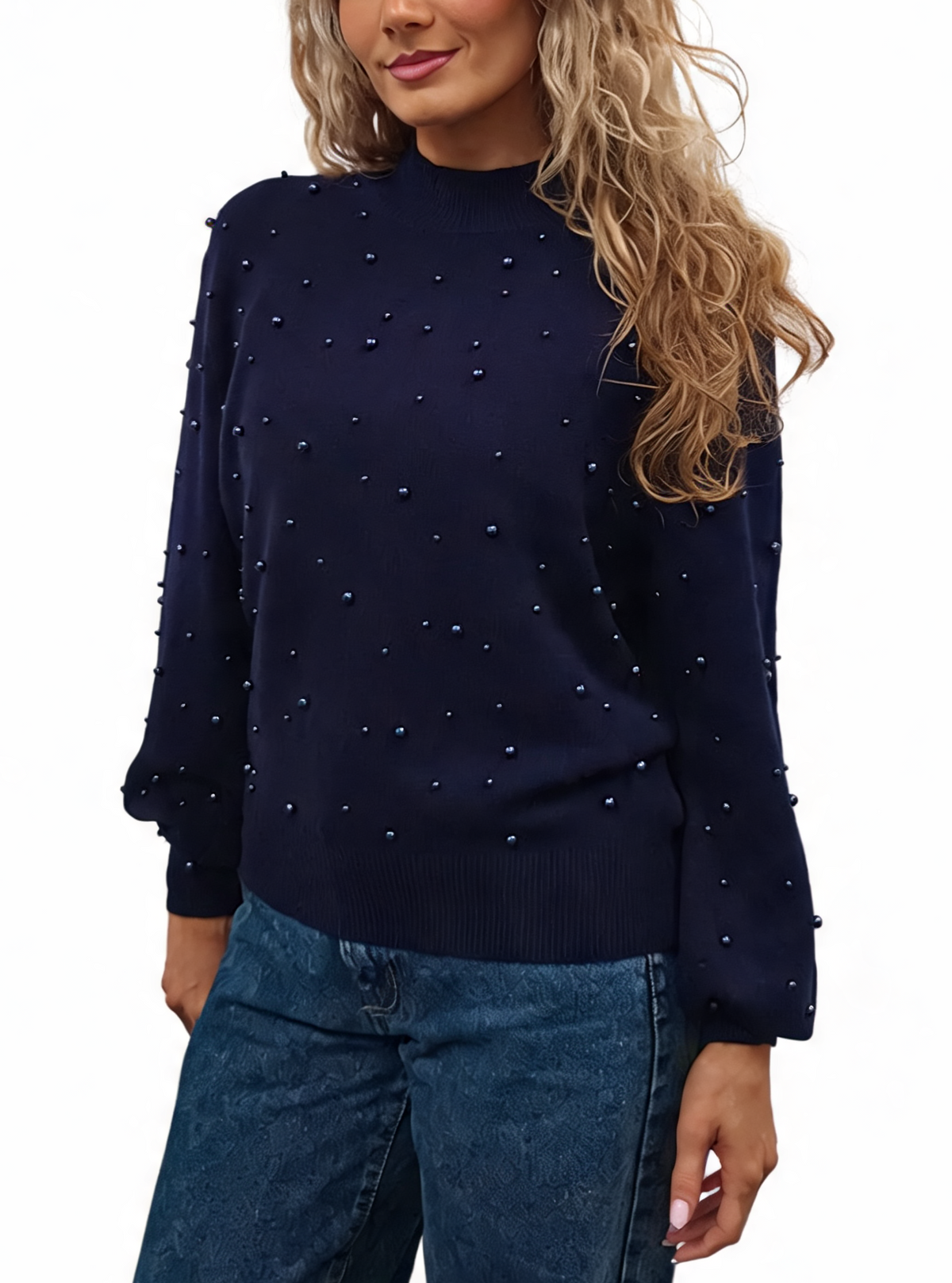 Navy pearl-embellished fine-knit jumper with mock neck and balloon sleeves