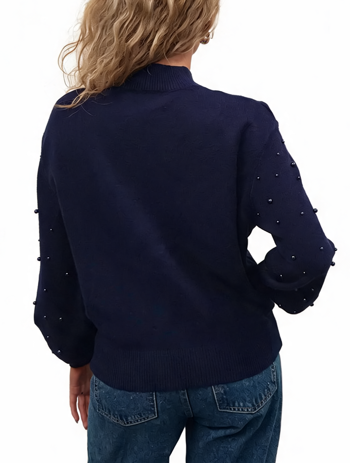 Navy pearl-embellished knit jumper from back with balloon sleeves and mock neck