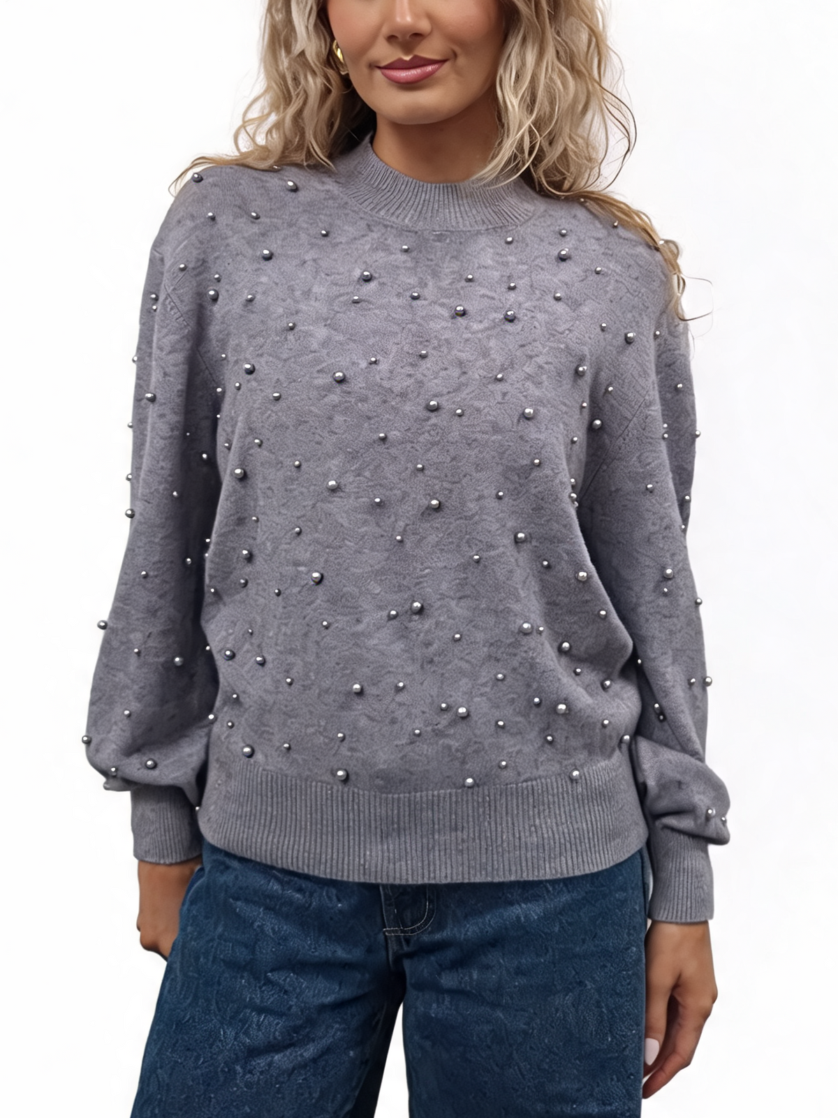 Pearl-embellished fine-knit jumper with mock neck and balloon sleeves, grey