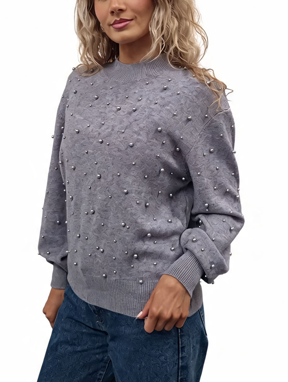Grey pearl-embellished fine-knit jumper with mock neck and balloon sleeves