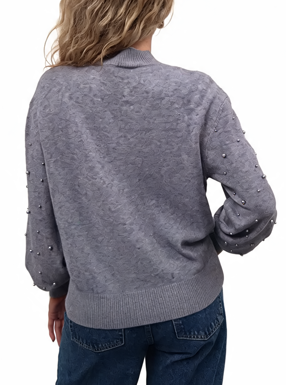 Grey pearl-embellished knit jumper from back with balloon sleeves