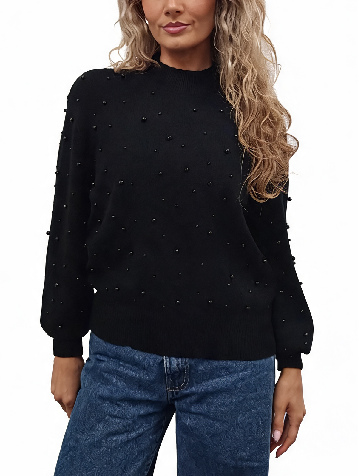 Pearl-embellished fine-knit jumper with mock neck and balloon sleeves, black