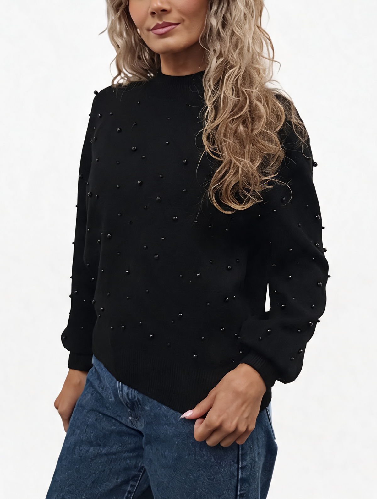 Black pearl-embellished fine-knit mock neck jumper with puff balloon sleeves
