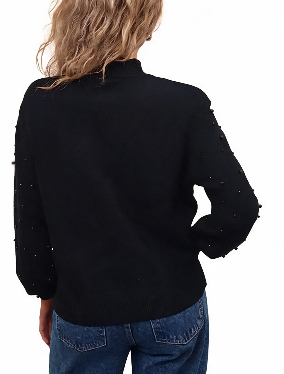 Pearl-embellished knit jumper, mock neck and balloon sleeves, black, back view