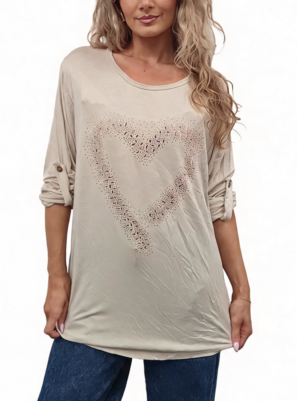Beige sparkle heart embellished top with roll-up button sleeves, loose tunic fit.