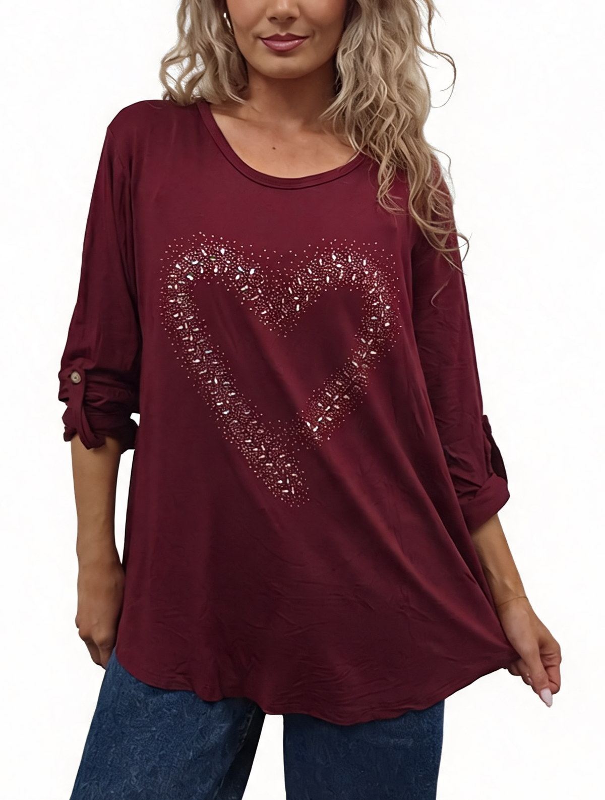 Burgundy sparkle heart embellished top with roll-up button sleeves, loose tunic fit.