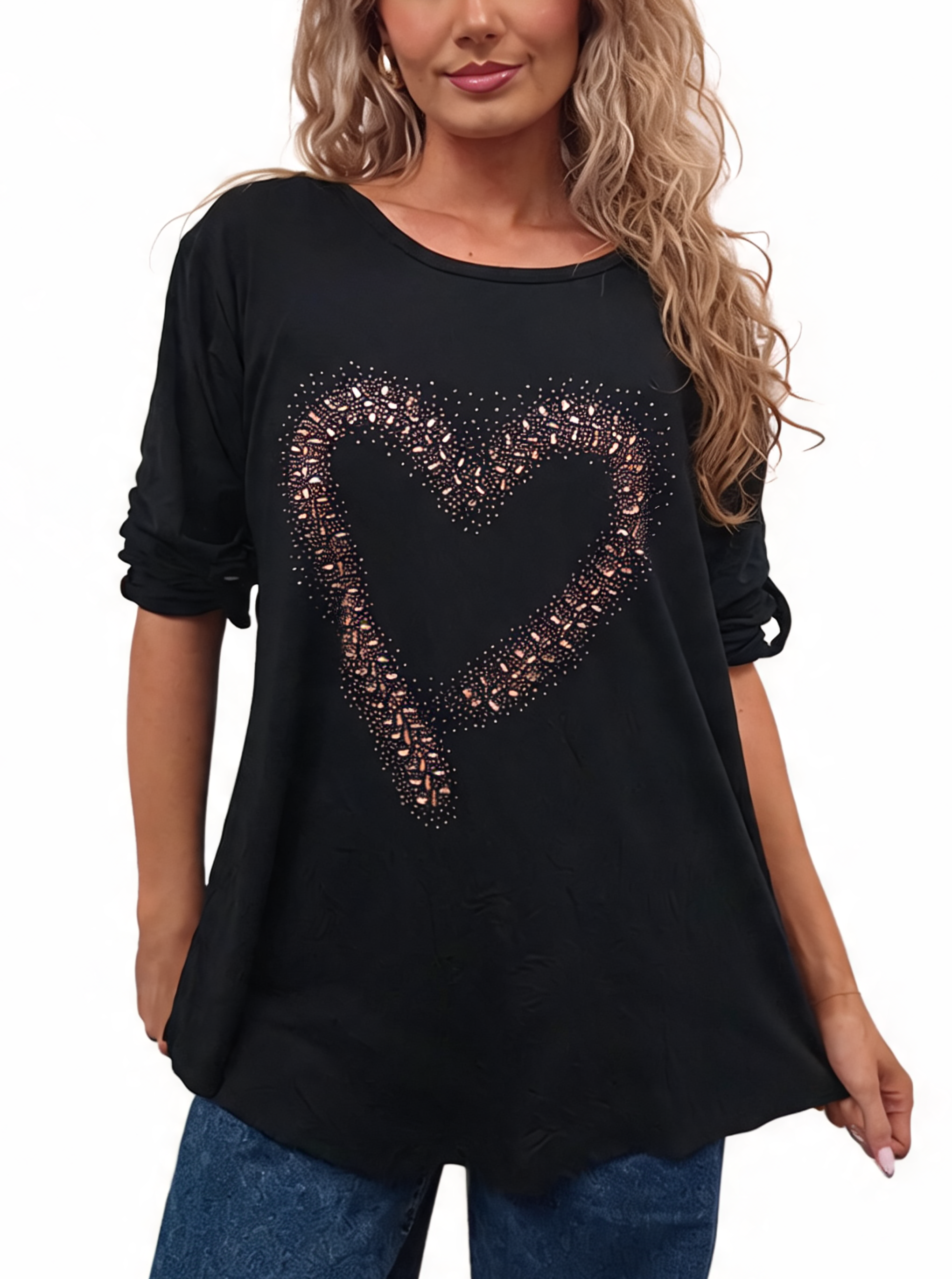Sparkle Heart Embellished Top with Roll-Up Button Sleeves – LV Clothing