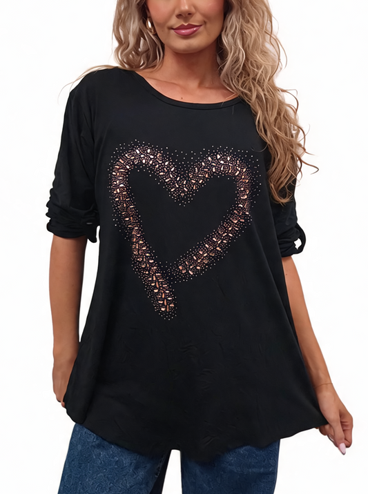 Sparkle Heart Embellished Top with Roll-Up Button Sleeves