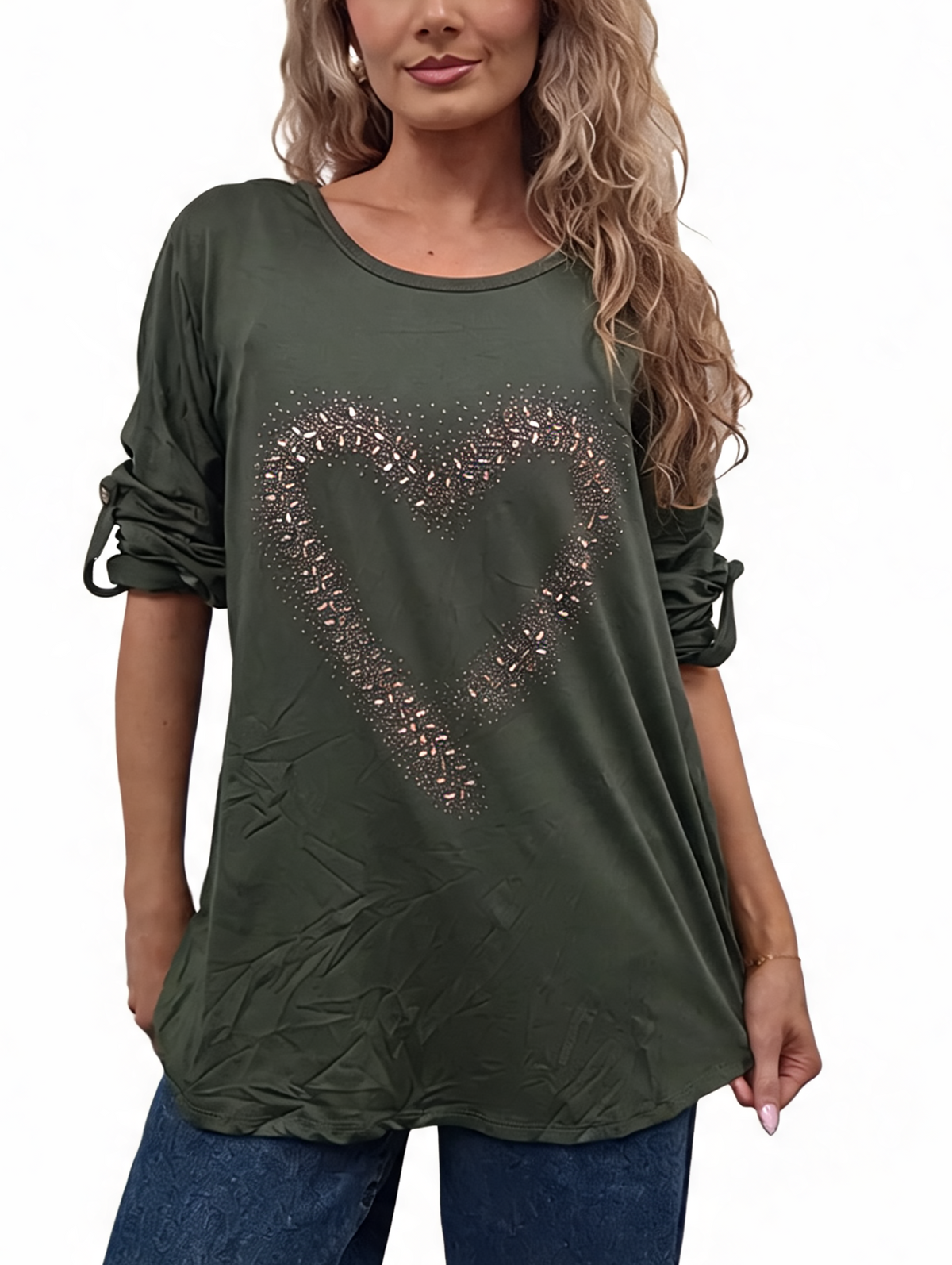Olive green sparkle heart embellished top with roll-up button sleeves, loose tunic fit.
