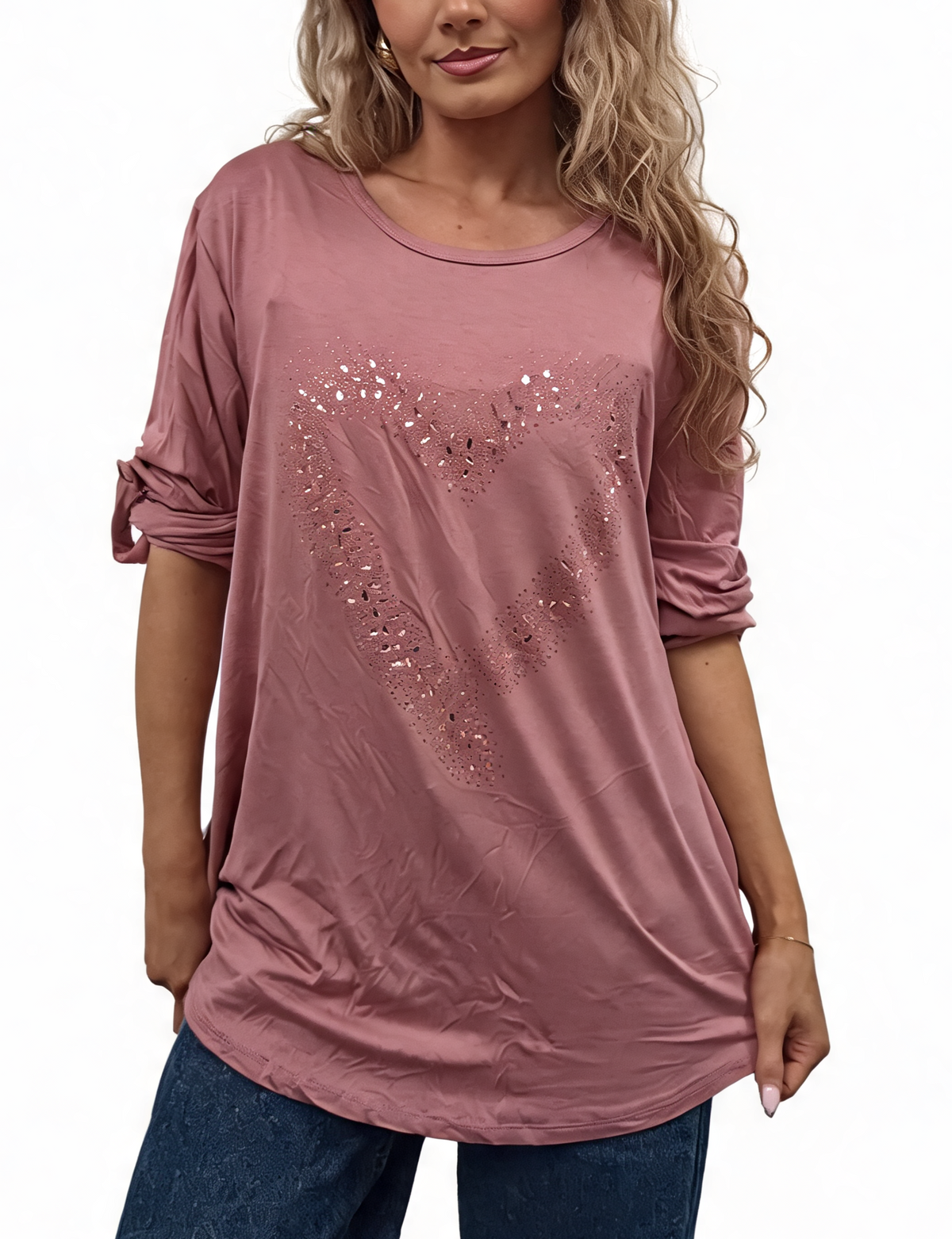 Dusty pink sparkle heart embellished top with roll-up button sleeves, loose tunic fit.