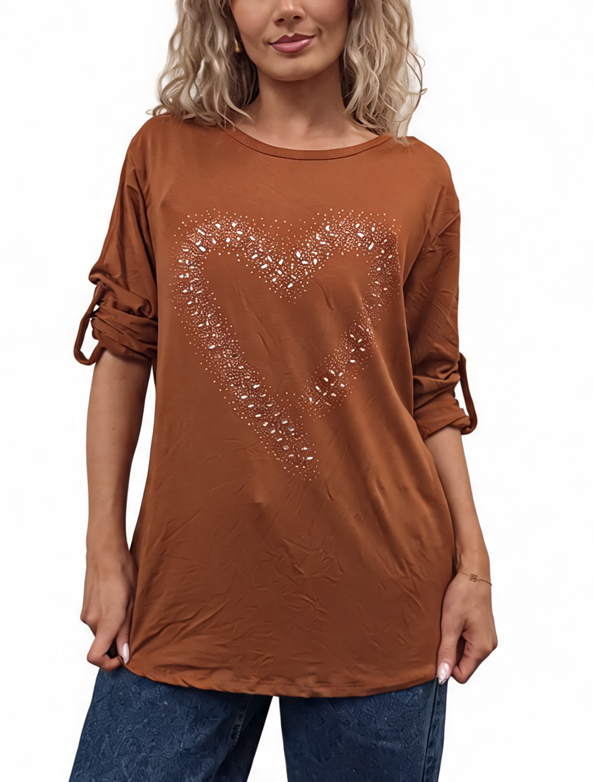Rust sparkle heart embellished top with roll-up button sleeves, loose tunic fit.