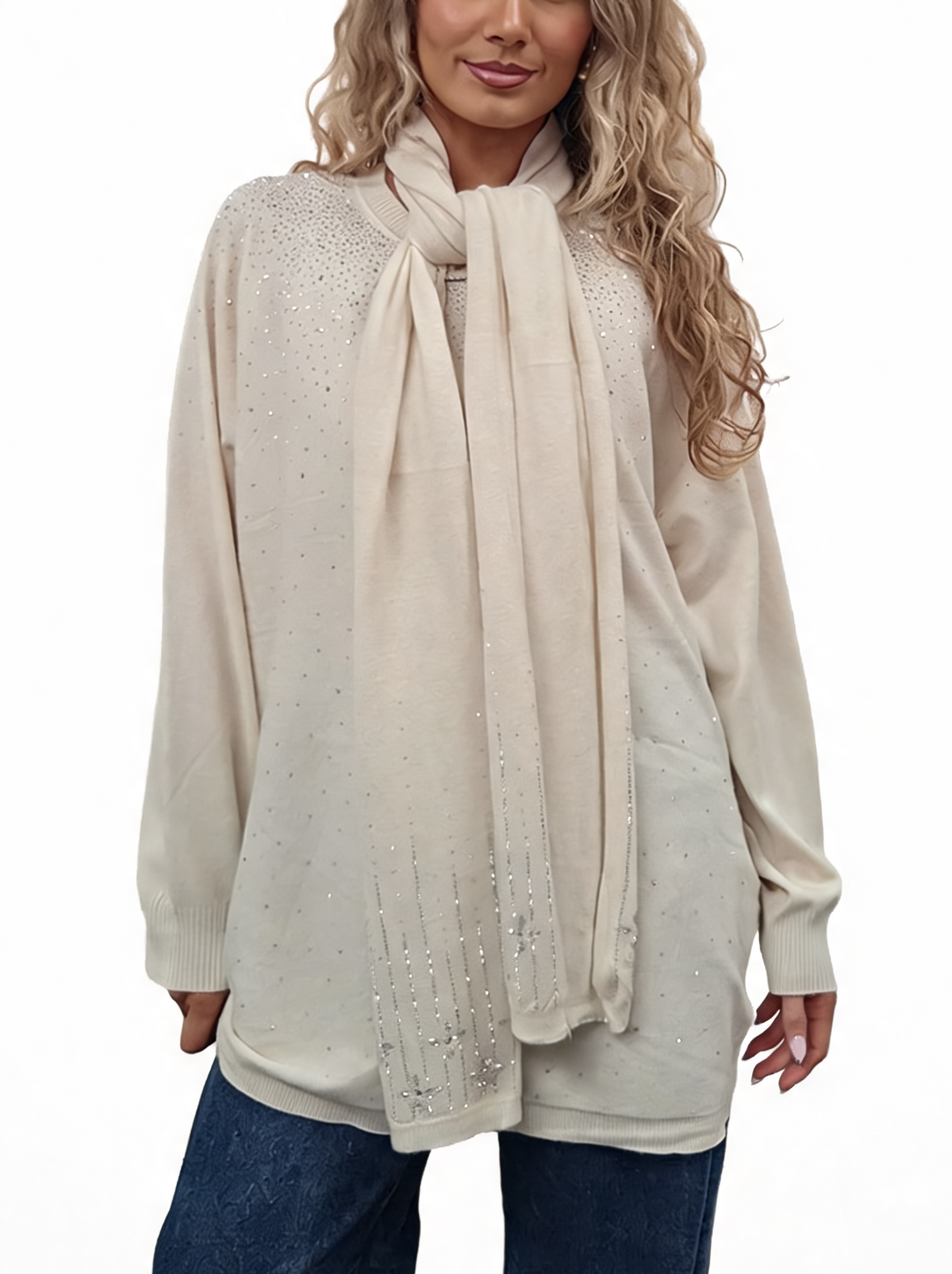 Cream fine-knit jumper with matching scarf tie and sparkling beaded-style speckles