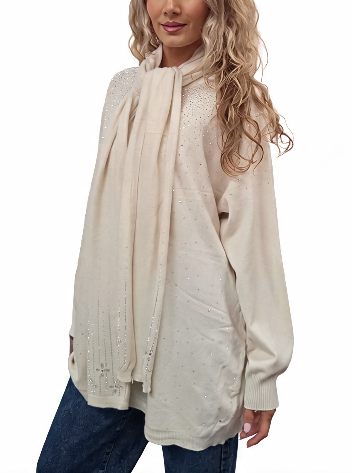 Cream fine-knit jumper with matching scarf tie and glittery speckle embellishment on fabric