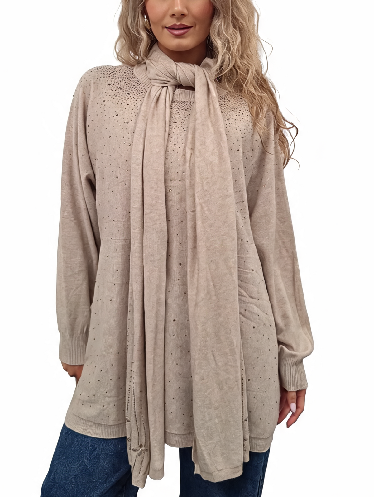 Beige fine-knit jumper with matching scarf tie and subtle all-over sparkle speckles