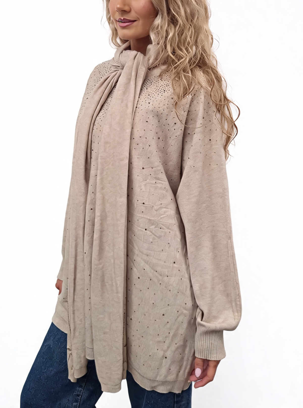 Beige fine-knit jumper and matching scarf with allover speckled embellishment