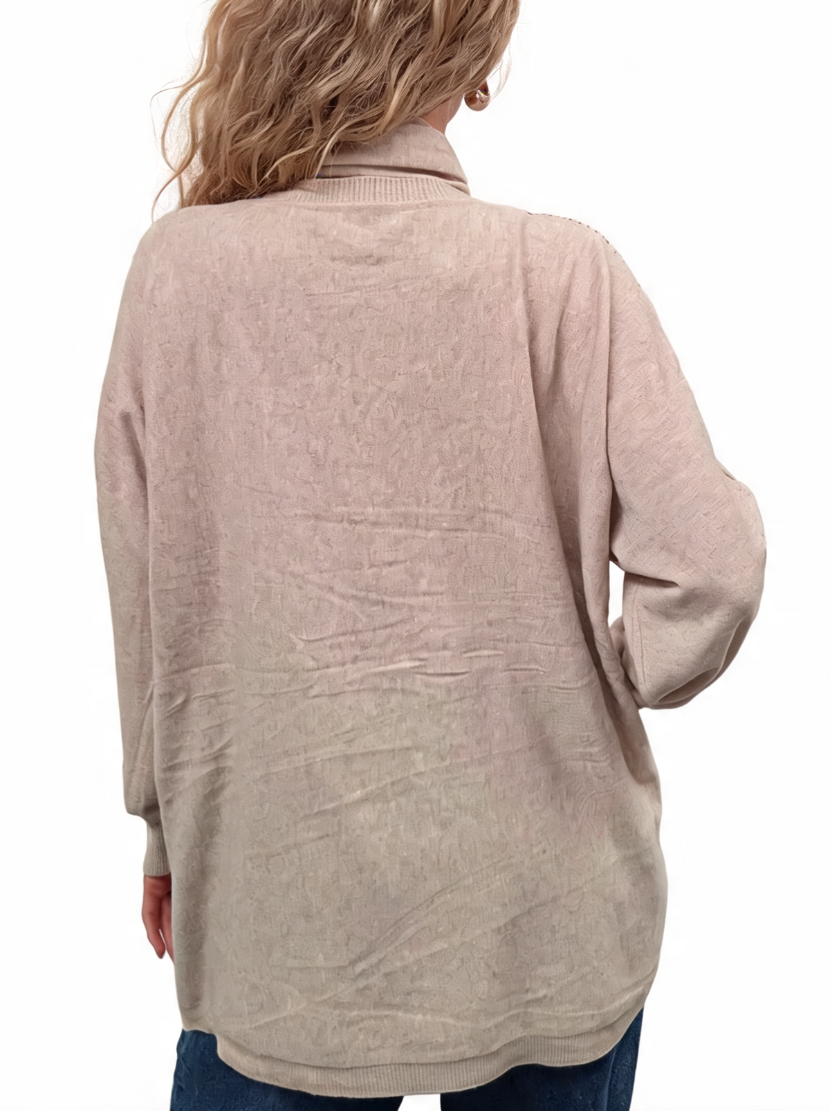 Beige fine-knit jumper with matching scarf, back view with ribbed cuffs