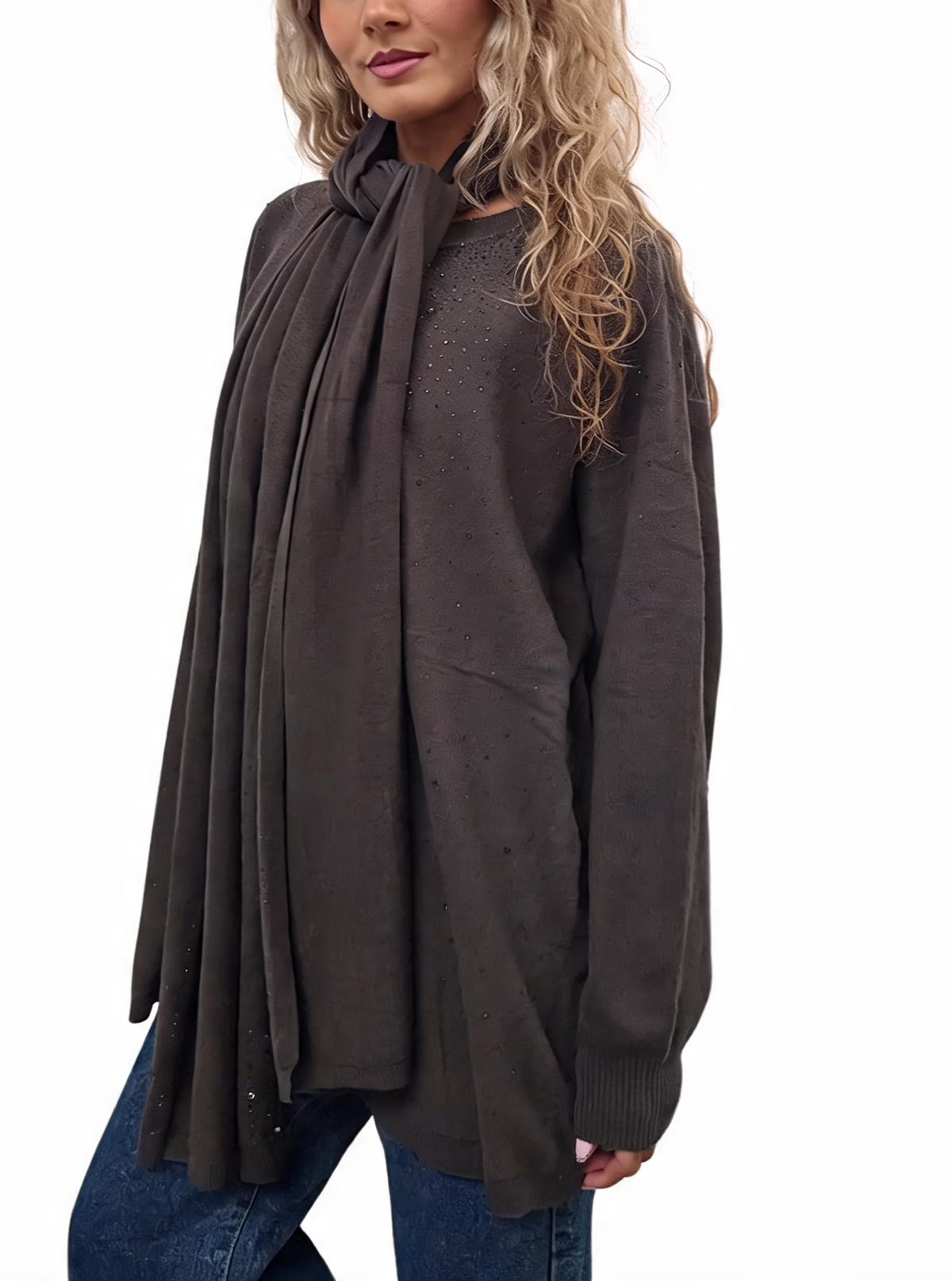 Charcoal/black fine-knit jumper with matching scarf, speckled embellishment