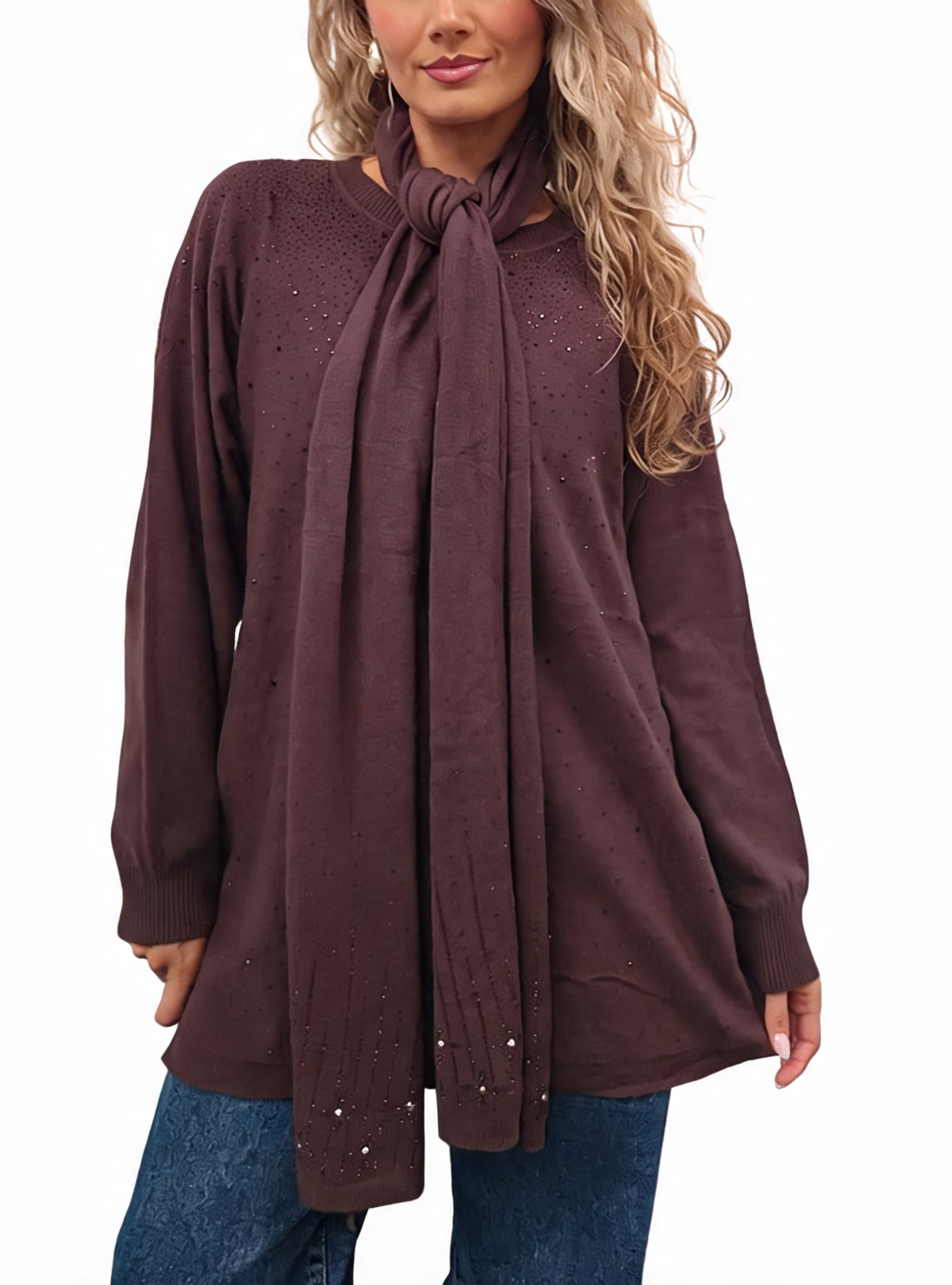 Brown fine-knit jumper set with matching scarf tie and scattered sparkle embellishment