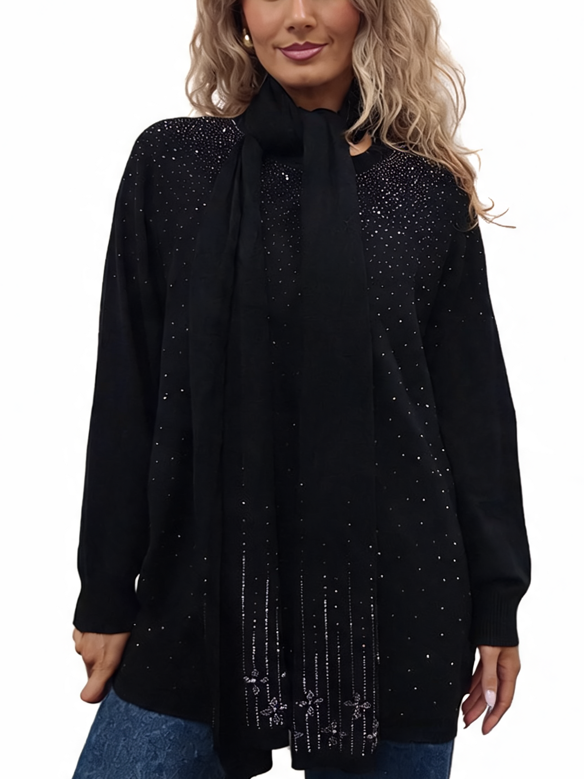 Black fine-knit jumper with matching scarf tie, all-over sparkle and beaded fringe trim