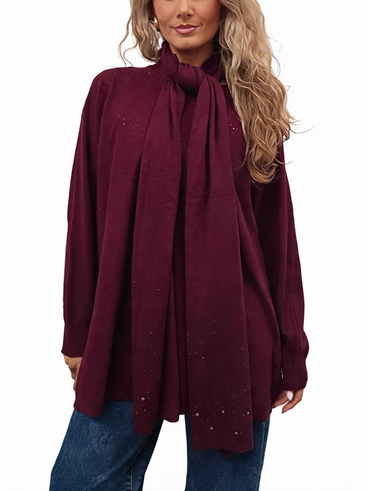 Burgundy fine-knit jumper with matching scarf tie, featuring all-over speckled sparkle