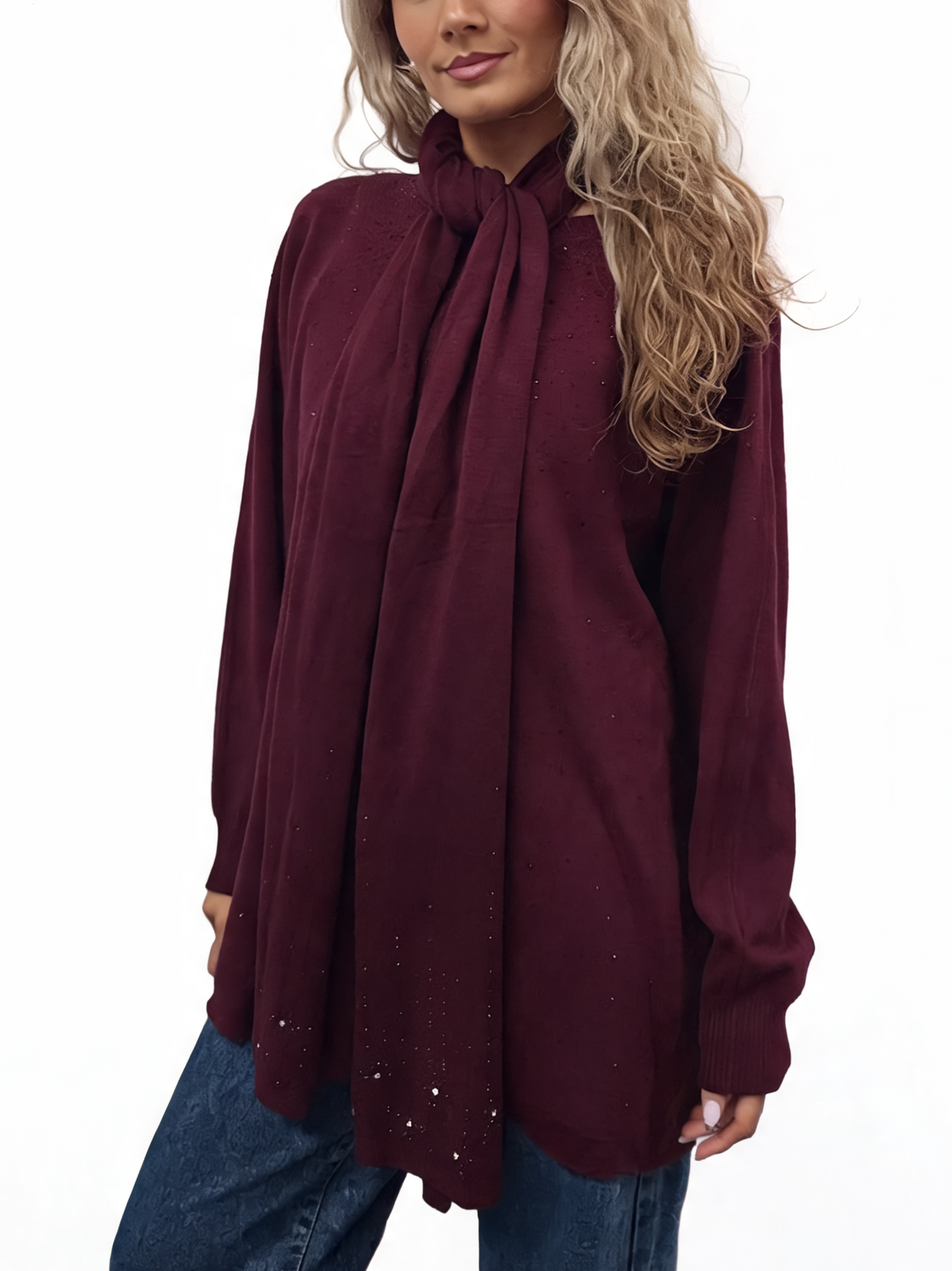 Burgundy fine-knit jumper and matching scarf set, long ties and speckled detail