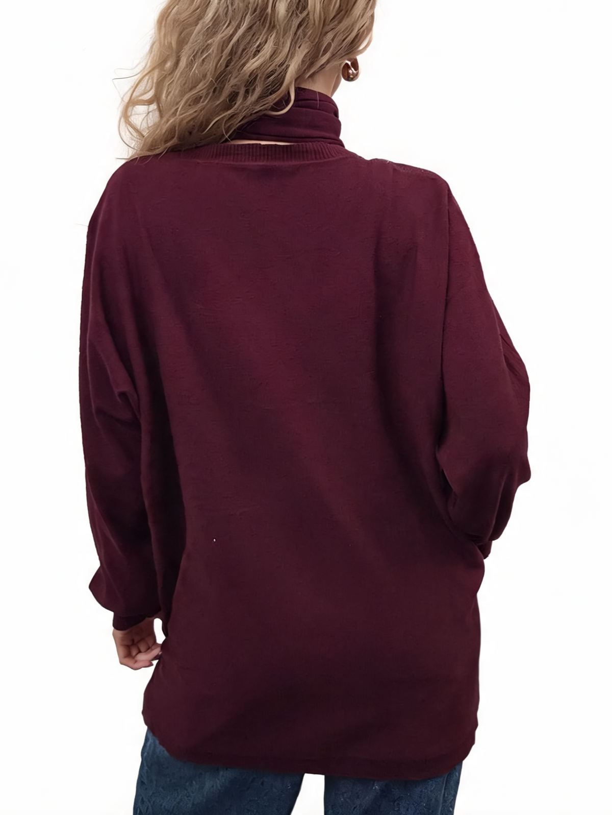 Burgundy fine-knit jumper back view with plain knit and gathered neck scarf tie