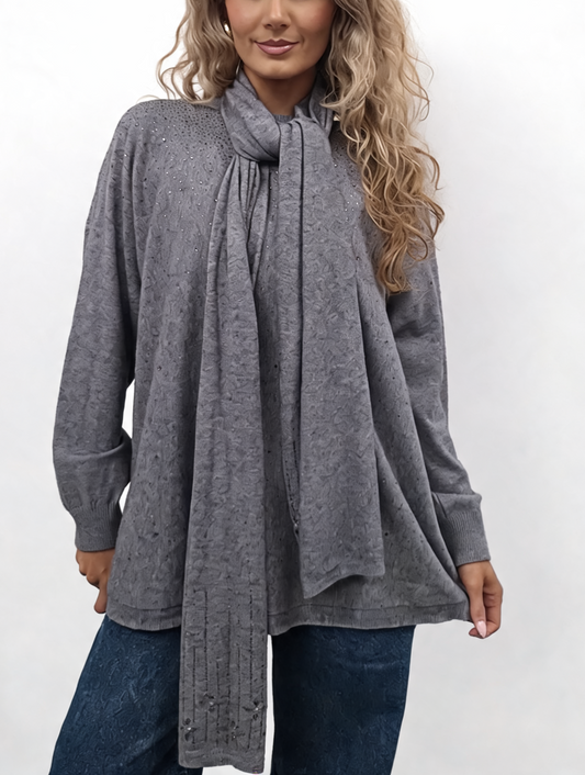 Grey fine-knit jumper with draped scarf tie and subtle all-over sparkle embellishment