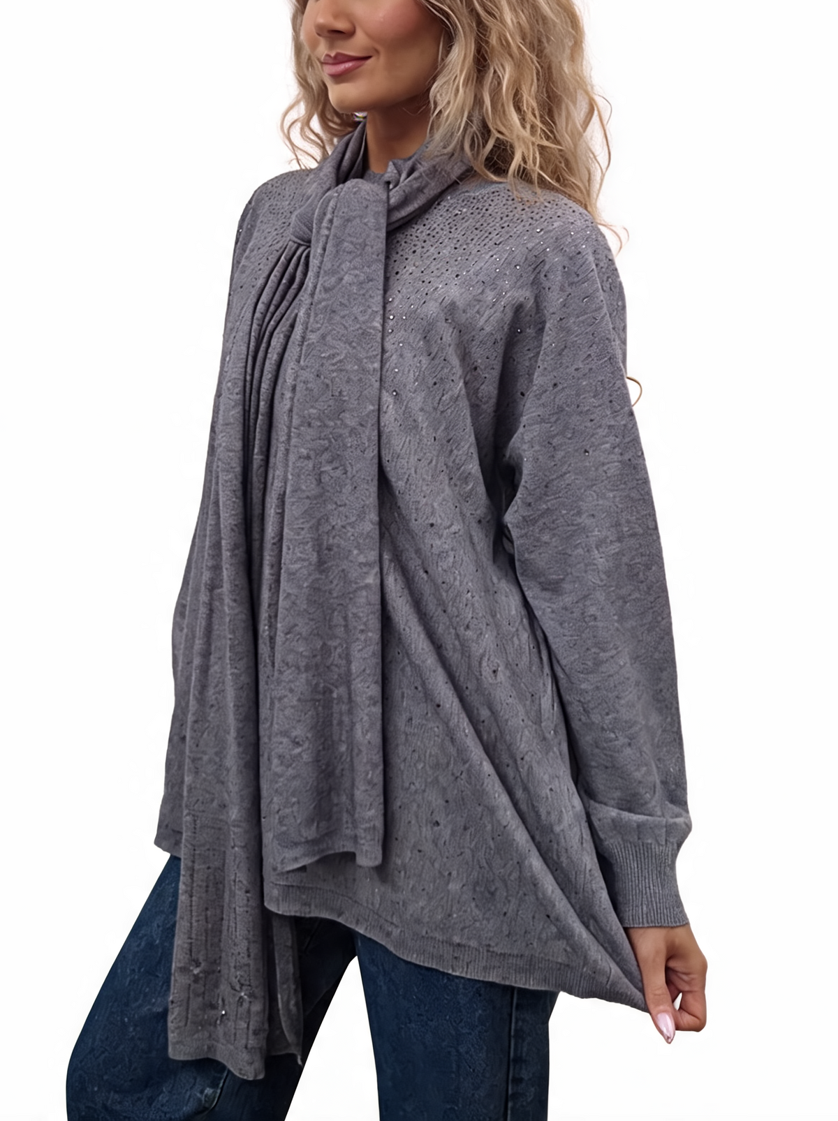 Dark grey fine-knit jumper with draped scarf tie and subtle all-over sparkle texture