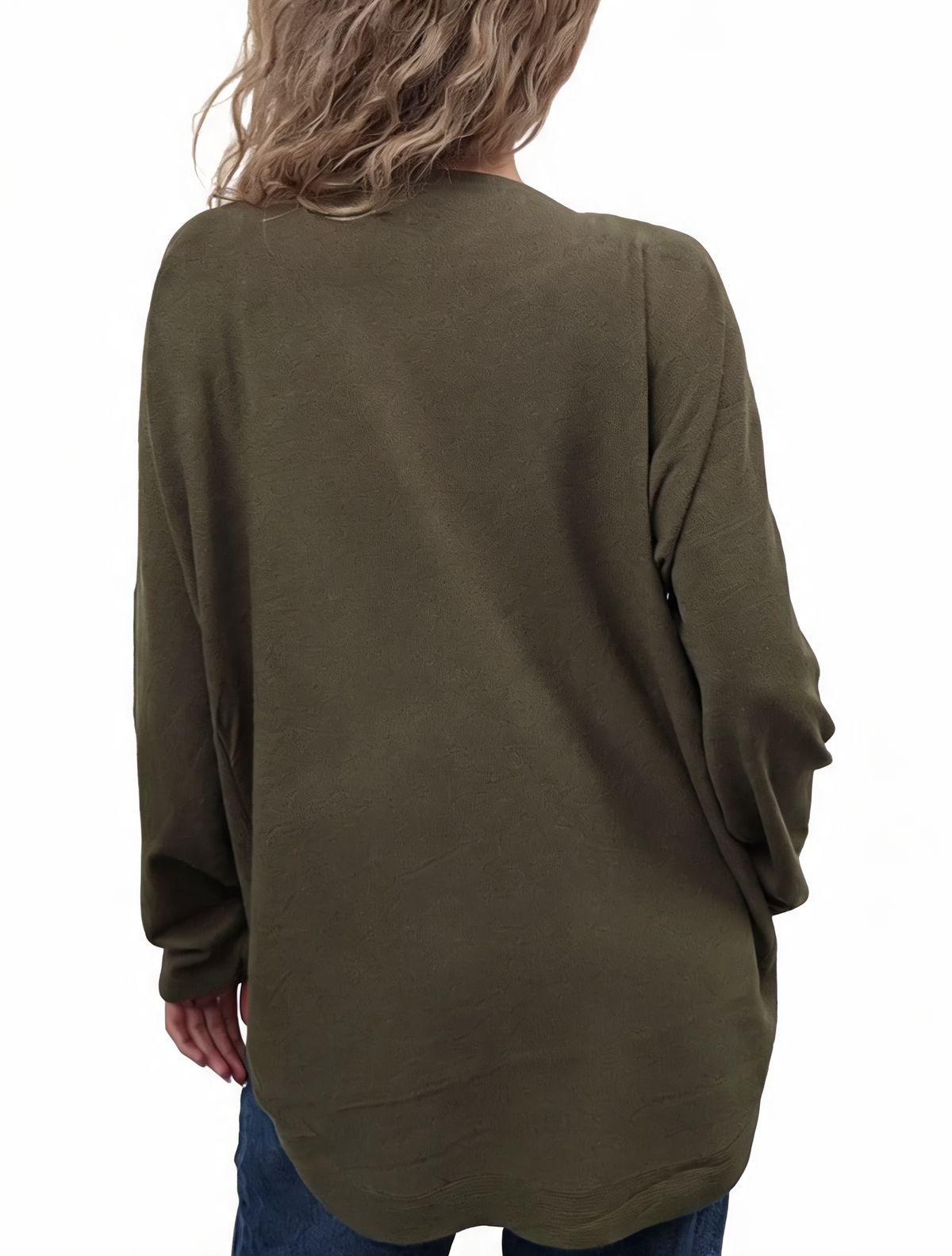 Oversized dark green jumper with batwing sleeves, back view