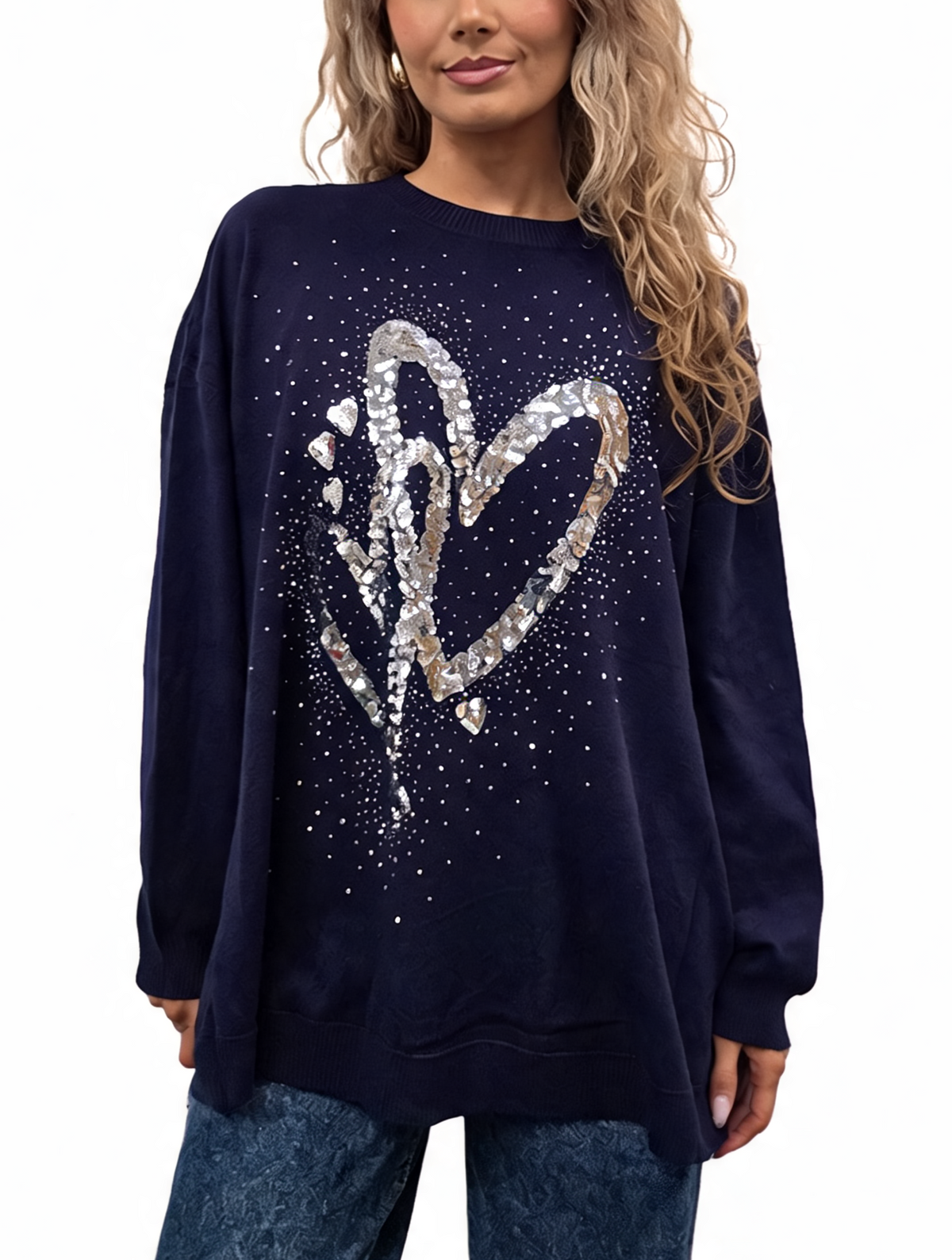 Navy oversized jumper with silver sequin heart and dropped shoulders
