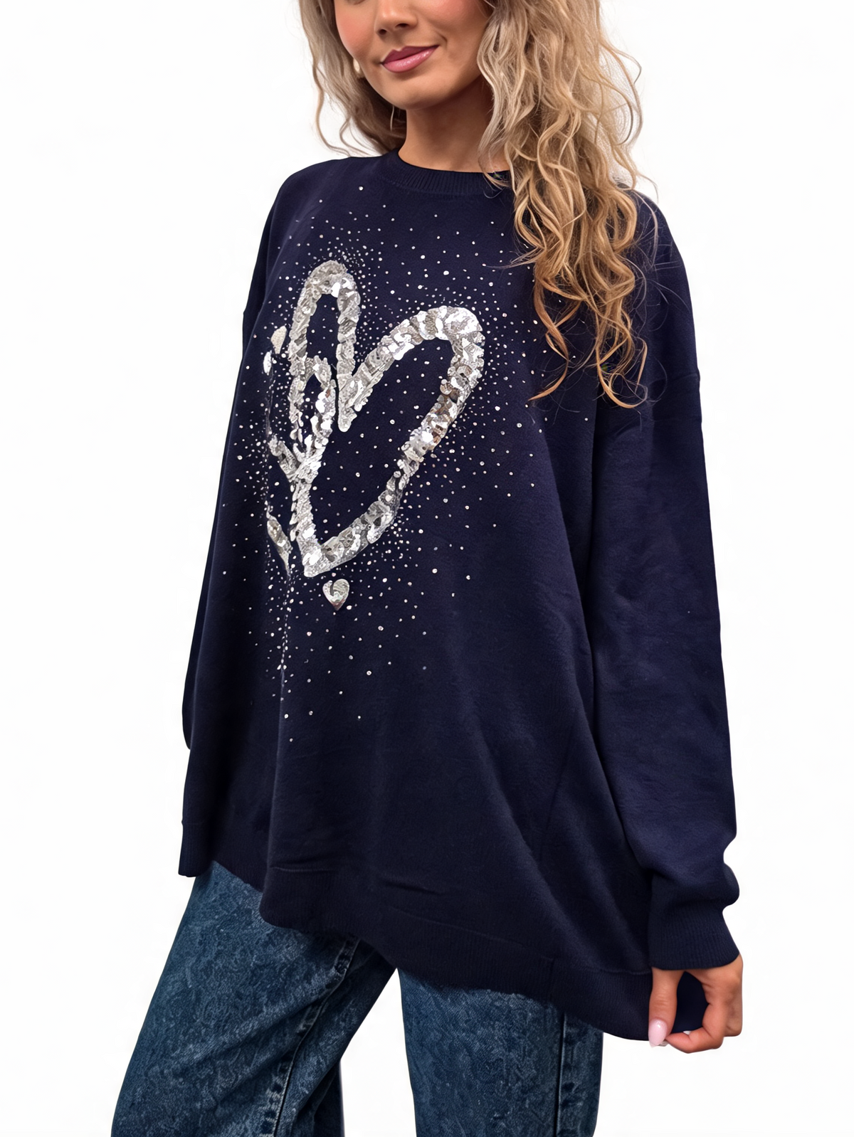 Navy oversized jumper with sequin heart design and dropped shoulders