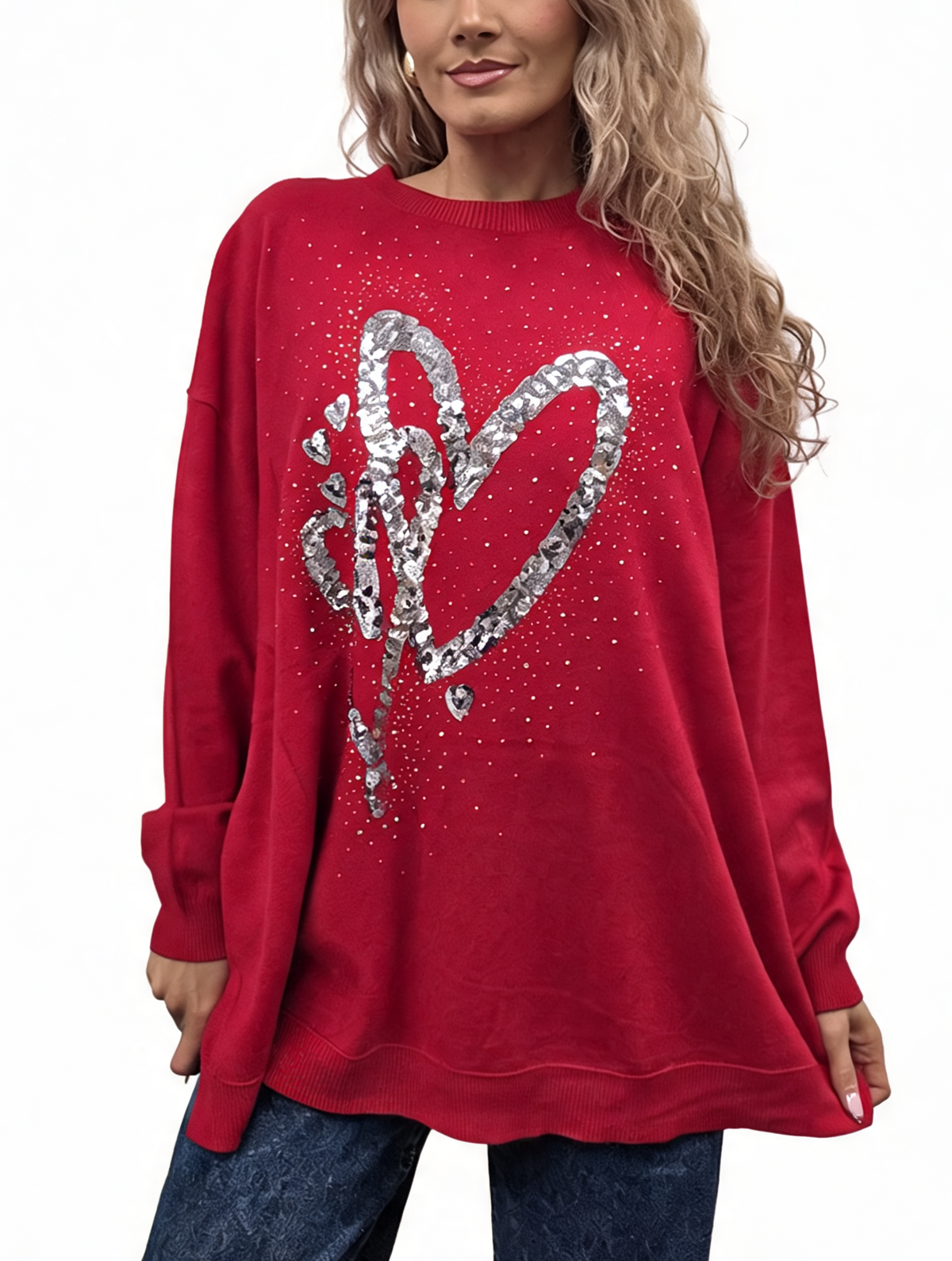 Red oversized jumper with sequin heart detail and dropped shoulders