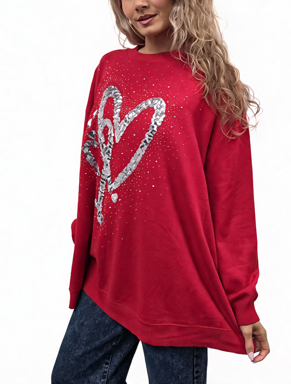 Red oversized jumper with sequin heart design and dropped shoulders