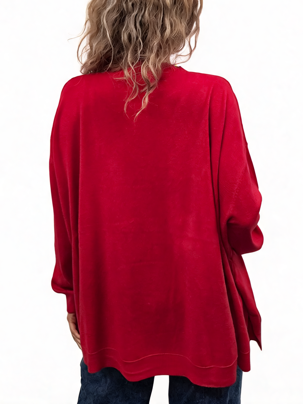 Red oversized jumper with dropped shoulders and long sleeves, back view