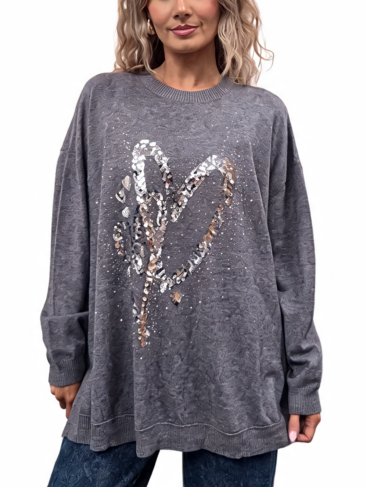 Grey oversized jumper with sequin heart embellishment and dropped shoulders