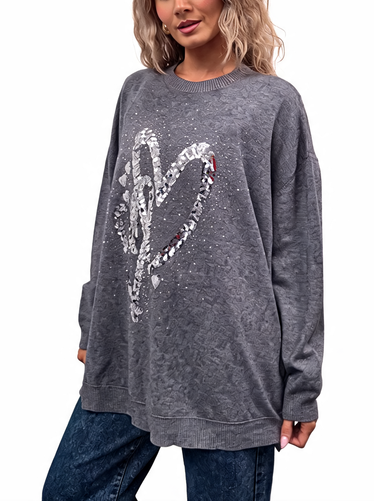 Grey oversized jumper with silver sequin heart embellishment and dropped shoulders