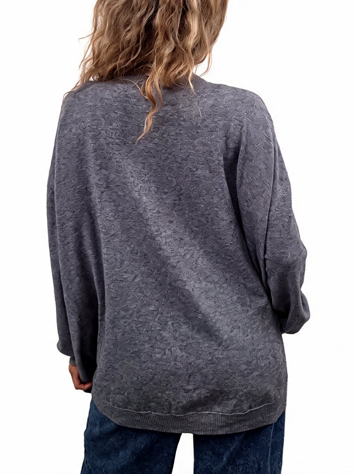 Grey oversized jumper with dropped shoulders and long sleeves, back view