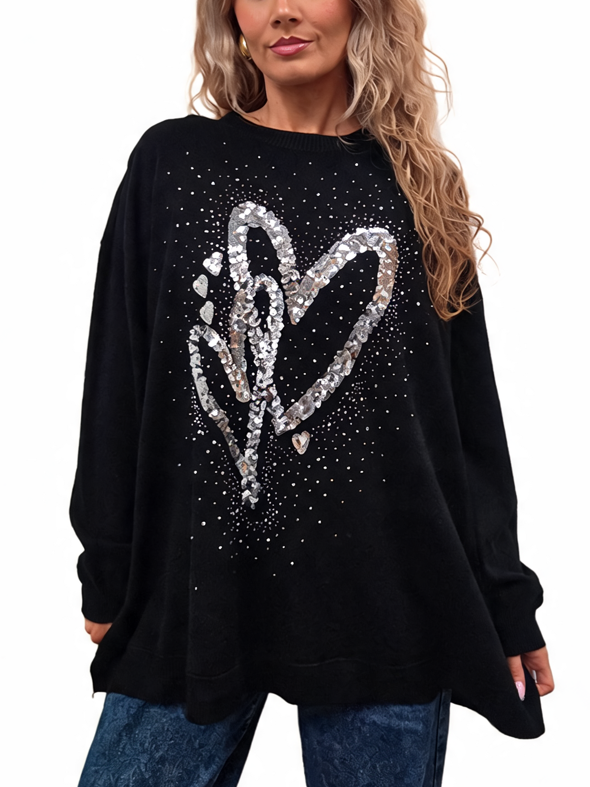Black oversized jumper with silver sequin heart and dropped shoulders