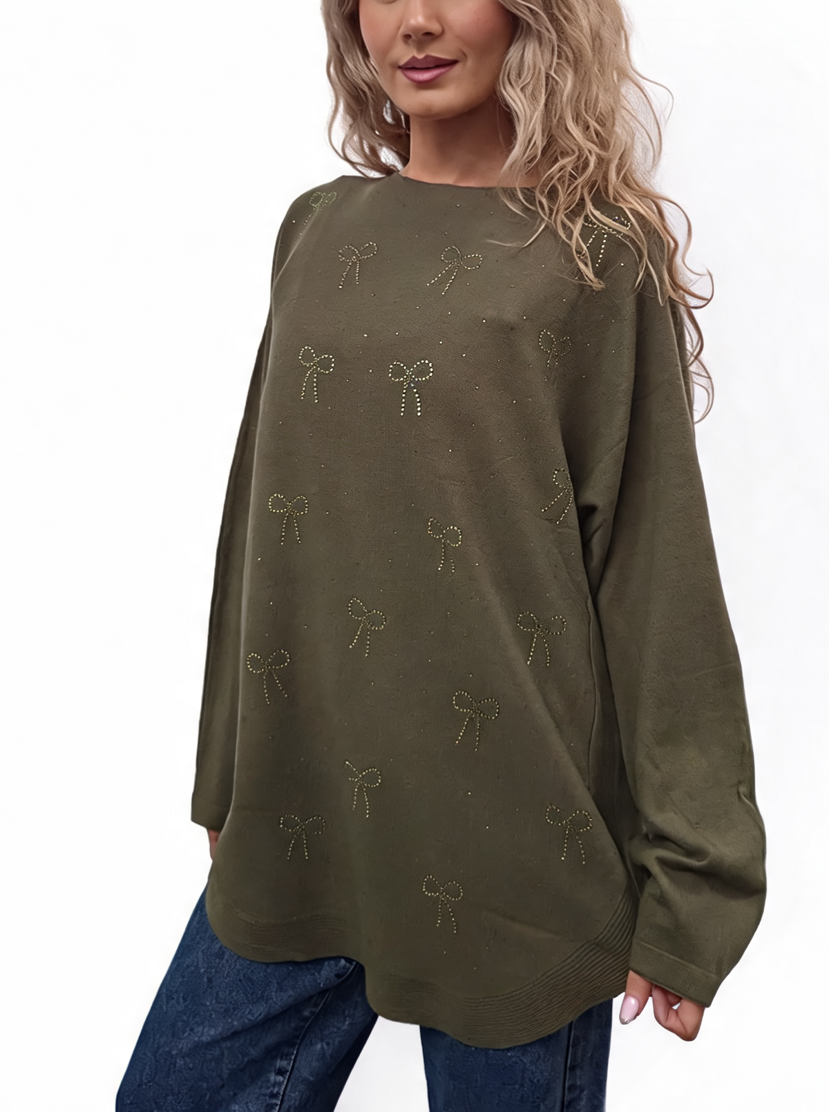Oversized olive jumper with diamanté bow embellishments and batwing sleeves