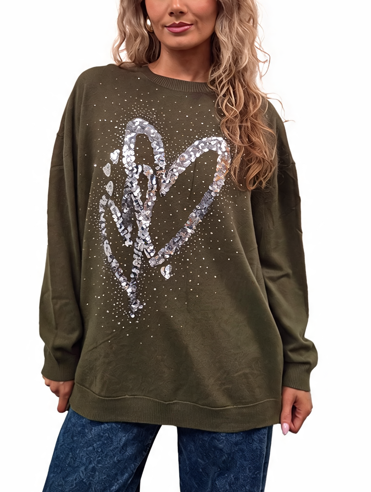 Olive oversized jumper with silver sequin heart and dropped shoulders