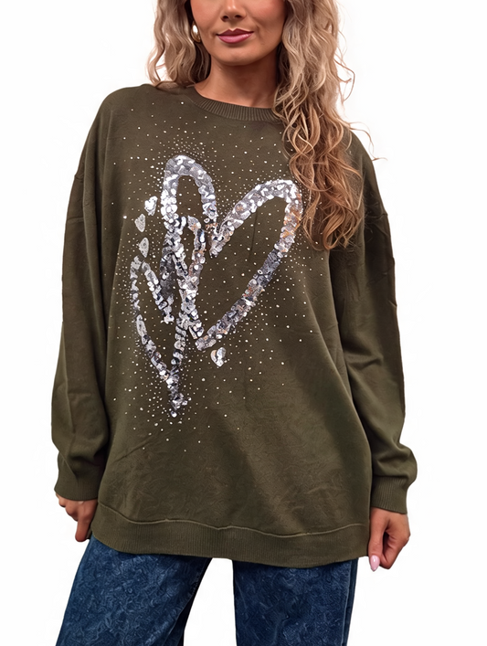 Olive oversized jumper with silver sequin heart and dropped shoulders