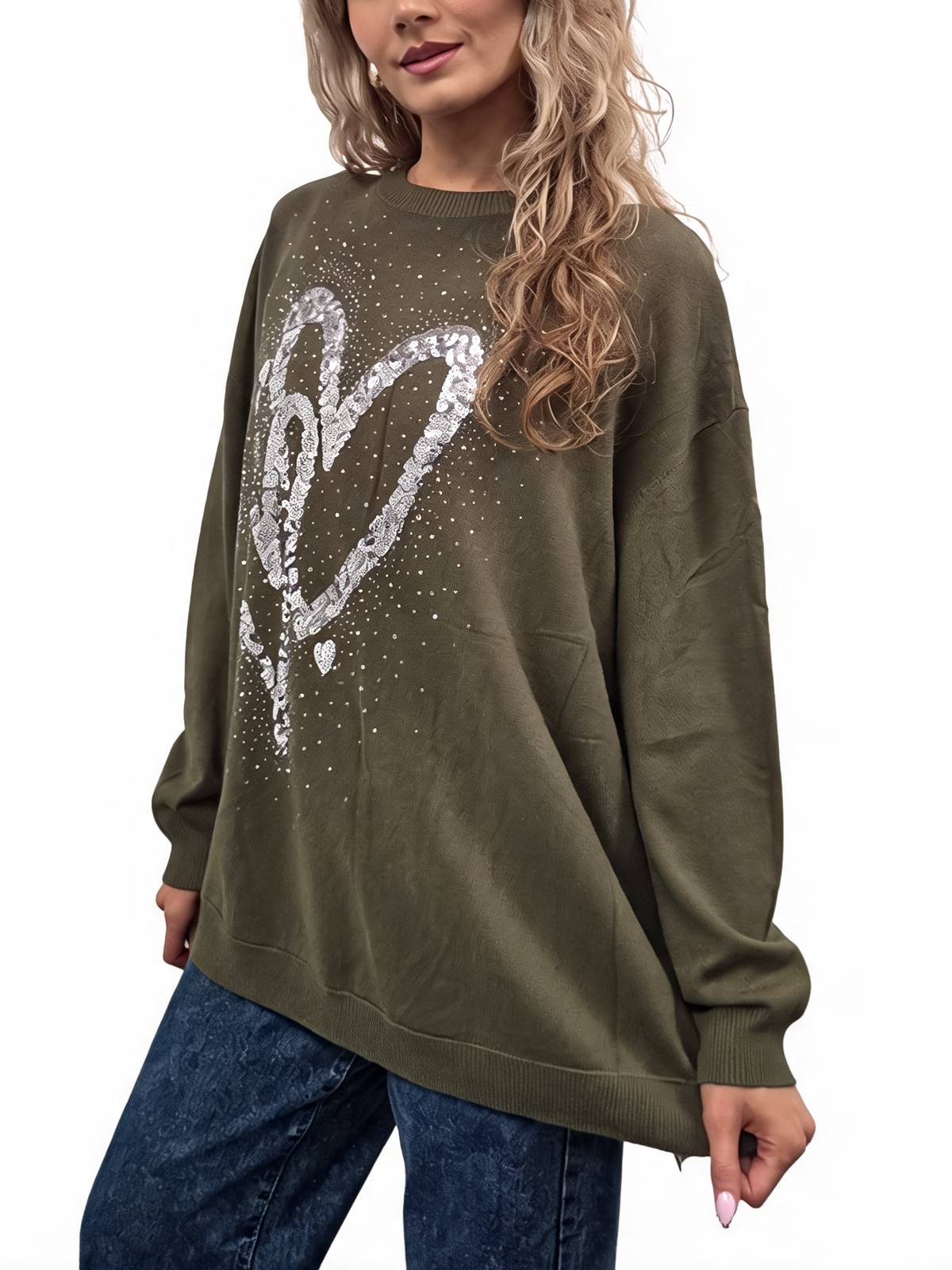 Olive oversized jumper with sequin heart design and dropped shoulders