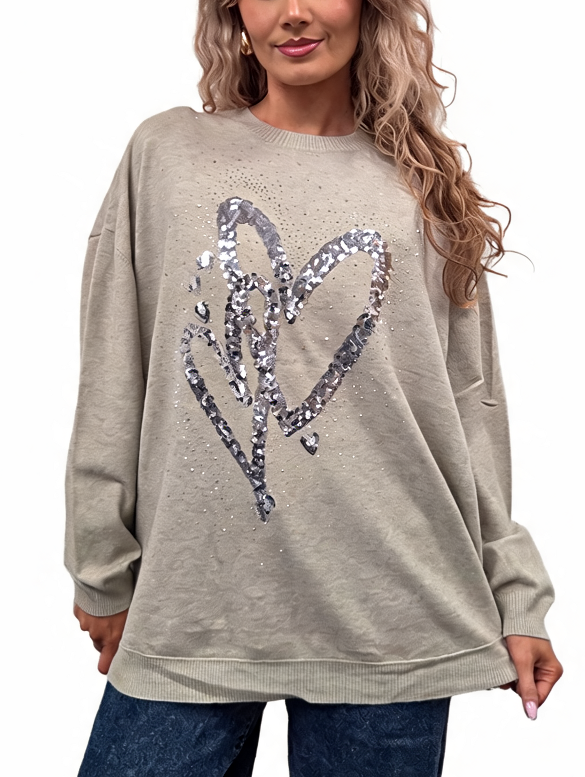 Beige oversized jumper with silver sequin heart detail and dropped shoulders