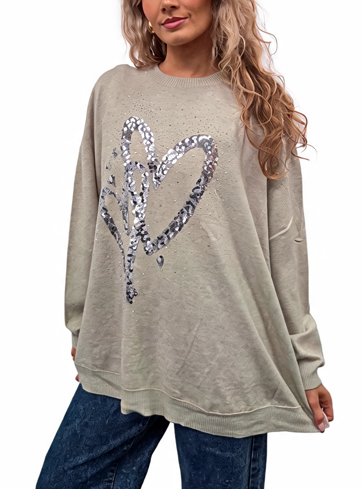 Beige oversized jumper with sequin heart design and dropped shoulders