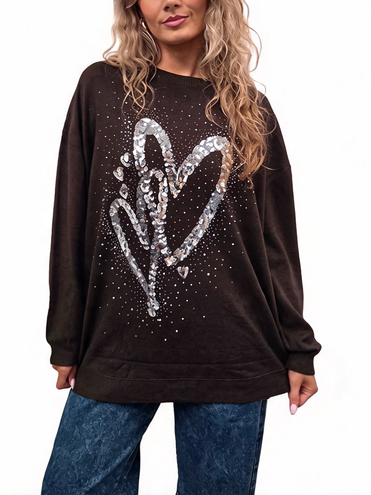 Brown oversized jumper with silver sequin heart detail and dropped shoulders