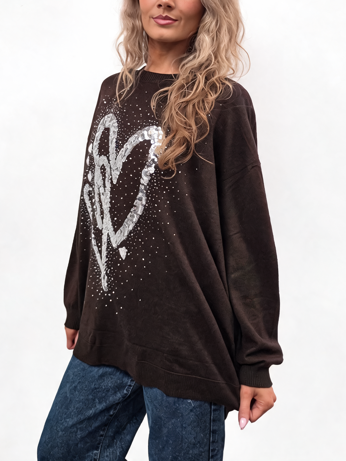Dark brown oversized jumper with sequin heart design and dropped shoulders