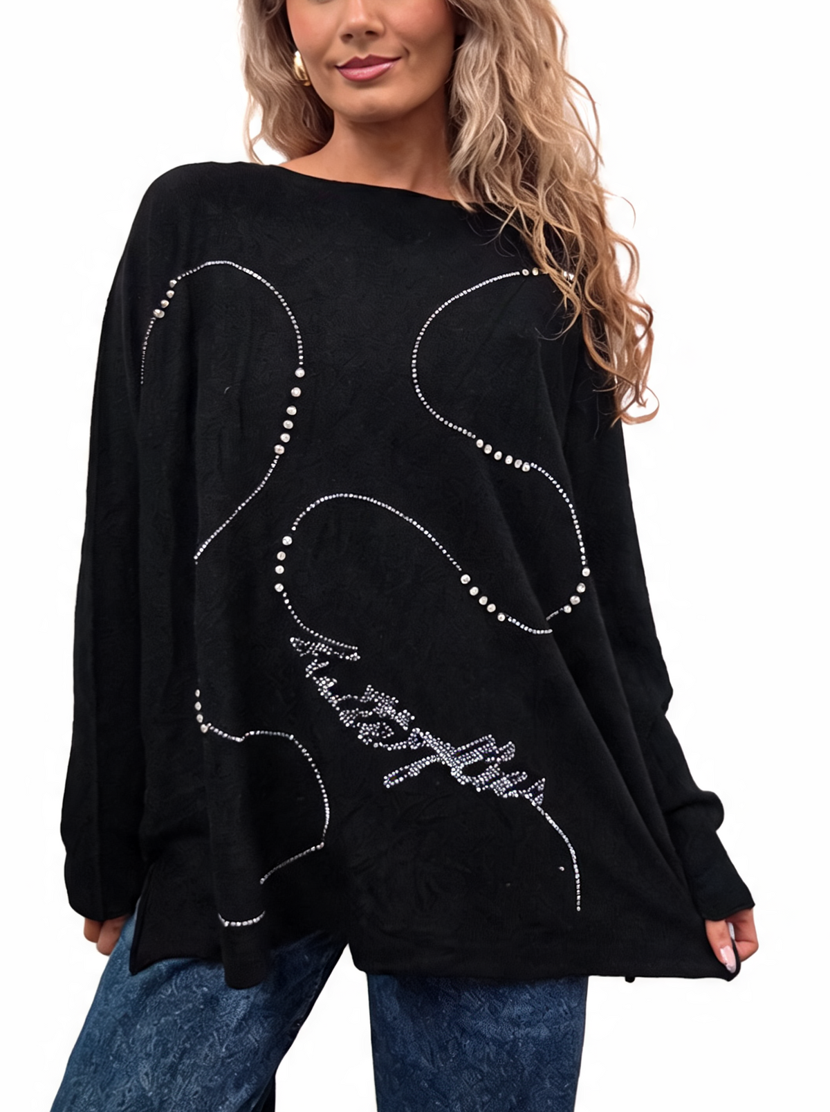 Oversized Crystal & Pearl Embellished Boat Neck with Abstract Line Art Design and Side Splits Jumper